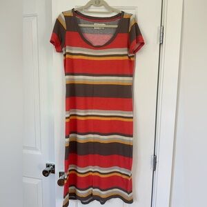 Anthropologie-Striped orange/red, yellow and brown Short Sleeve Dress